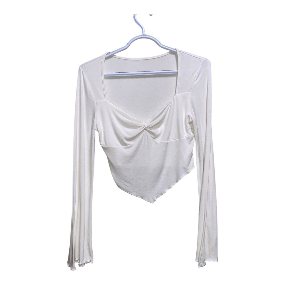 Women's Small White Y2K Twist Front Crop Top Bell Sleeve Handkerchief Hem